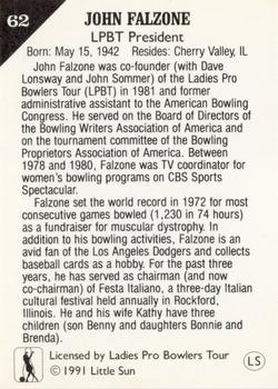 1991 Little Sun Ladies Pro Bowling Tour Strike Force #62 John Falzone Back